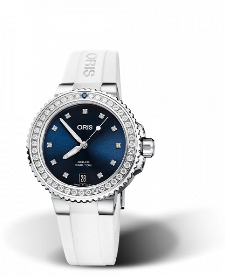 Oris Aquis Date 36.5mm Diamond Top Ring Dark Blue Dial Caoutchouc Strap White