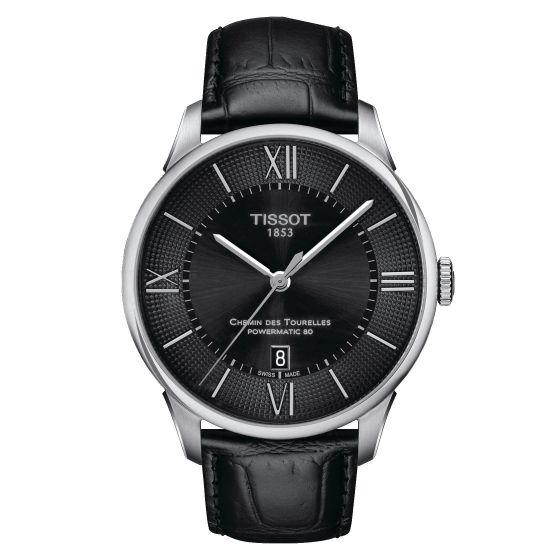 TISSOT ブラック クォーツ腕時計 Tissot Chemin Des Tourelles Skeleton Gunmetal Dial Black Leather