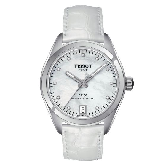 Tissot Pr 100 Lady Powermatic 80 (Leather, White) Diamonds