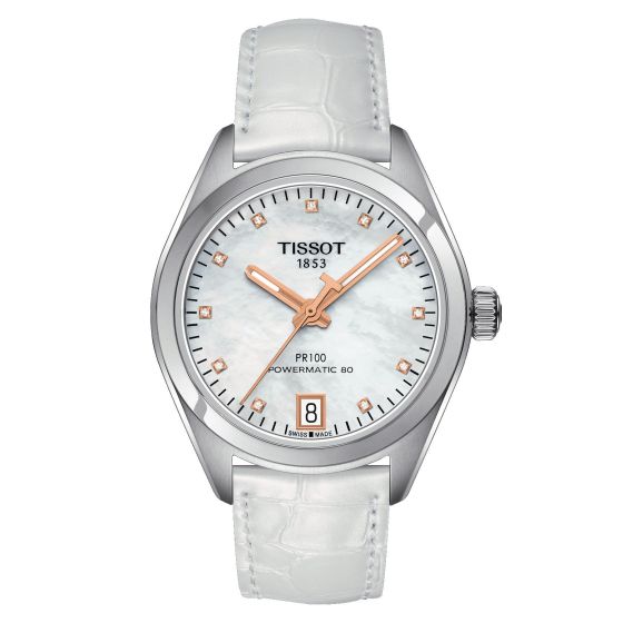 Tissot Pr 100 Lady Powermatic 80 (Leather, White) Diamonds